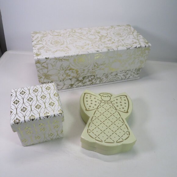 White & Gold Foiled Gift Boxes [Roses Magnetic Closure, Fabric Covered, Angel - Picture 1 of 13